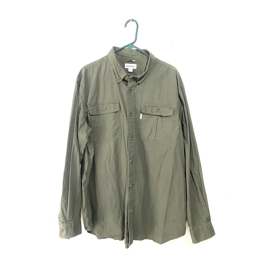 Carhartt Mens 2xl Long Sleeve Work Green Full Button Top Shirt Relaxed Fit
